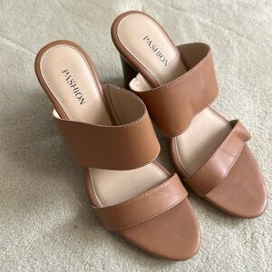 Pashion footwear tan slides with wood 4” block heel kit